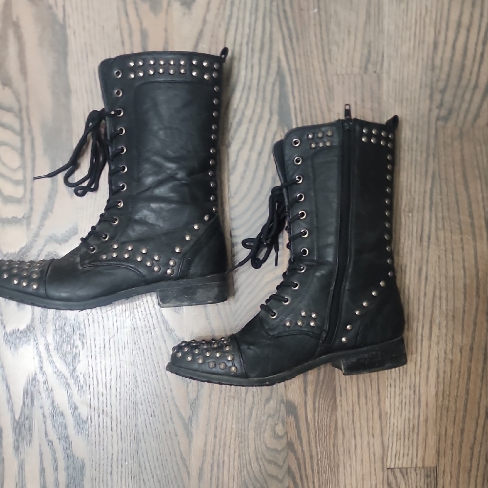 Black Studded Combat Moto Boots with Chunky Sole